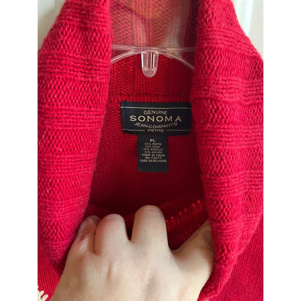 Vintage Womens Y2K Red Ramie Wool Blend Chunky Knit Turtleneck Snowflake Sweater
